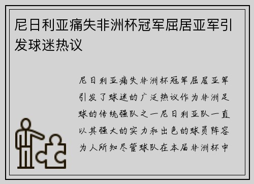 尼日利亚痛失非洲杯冠军屈居亚军引发球迷热议
